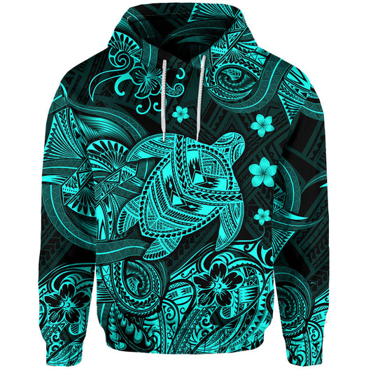 Hawaii Turtle Polynesian Hoodie Plumeria Flower Unique Style Turquoise
