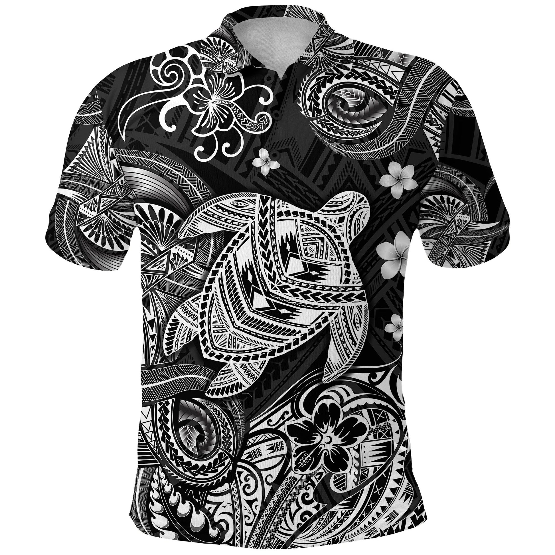 Hawaii Turtle Polynesian Polo Shirt Plumeria Flower Unique Style - Black