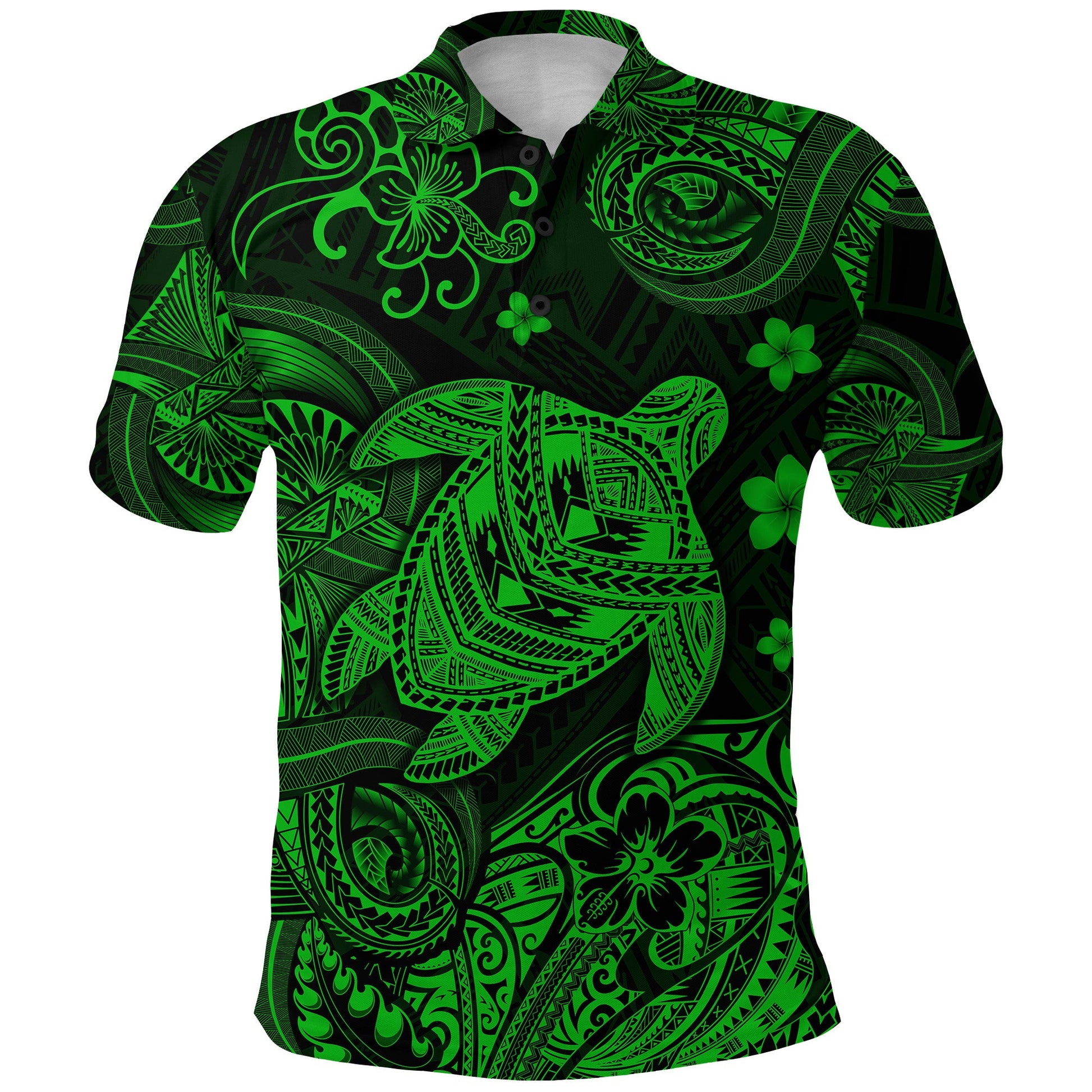 Hawaii Turtle Polynesian Polo Shirt Plumeria Flower Unique Style - Green