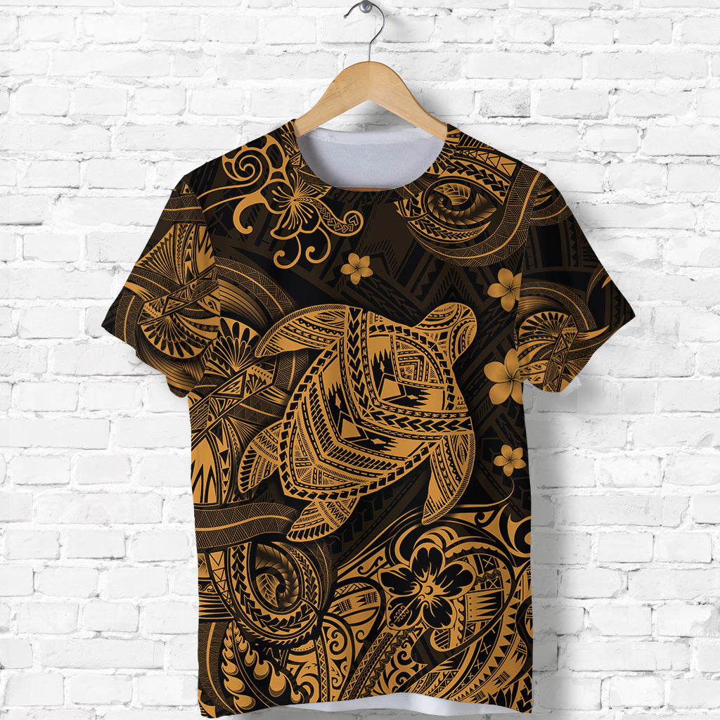 Hawaii Turtle Polynesian T Shirt Plumeria Flower Unique Style - Gold