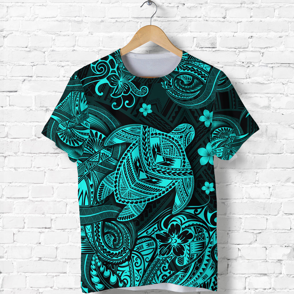 Hawaii Turtle Polynesian T Shirt Plumeria Flower Unique Style Turquoise