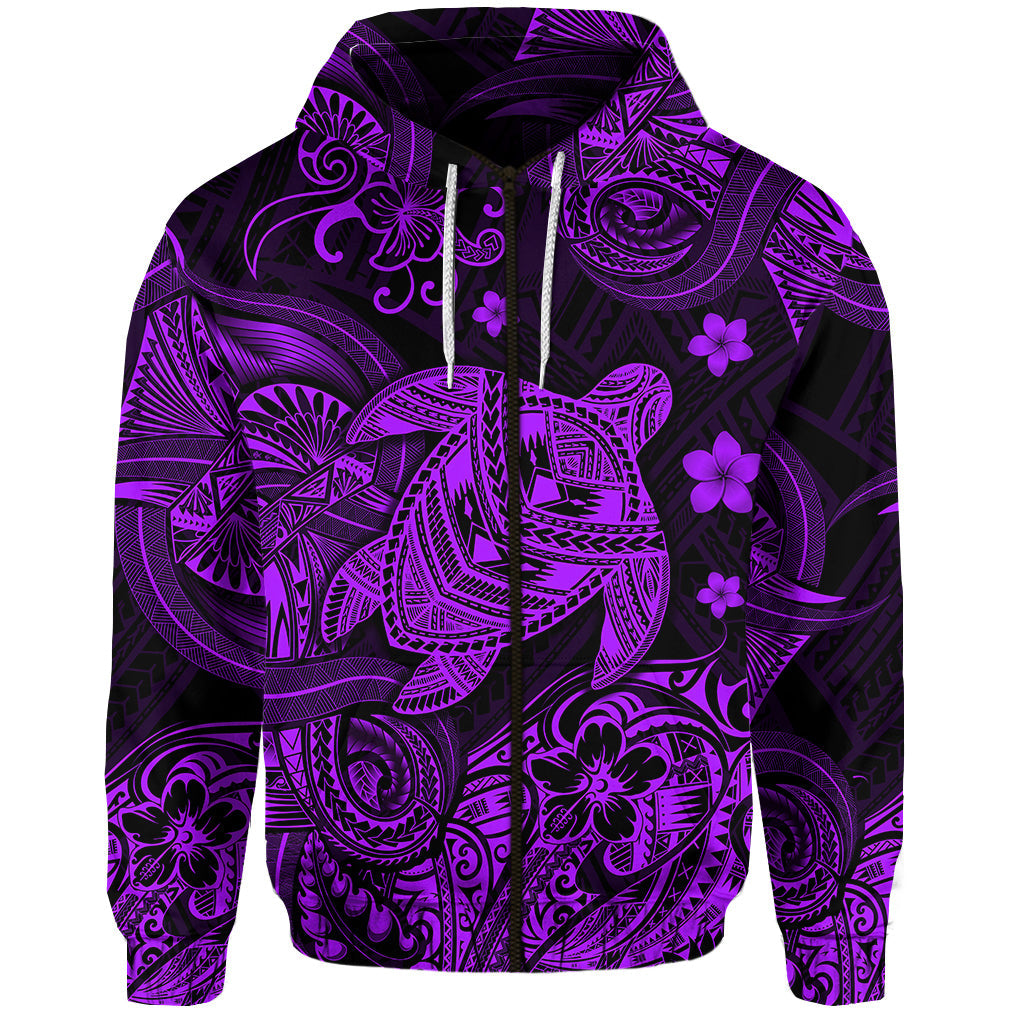 Hawaii Turtle Polynesian Zip Hoodie Plumeria Flower Unique Style Purple