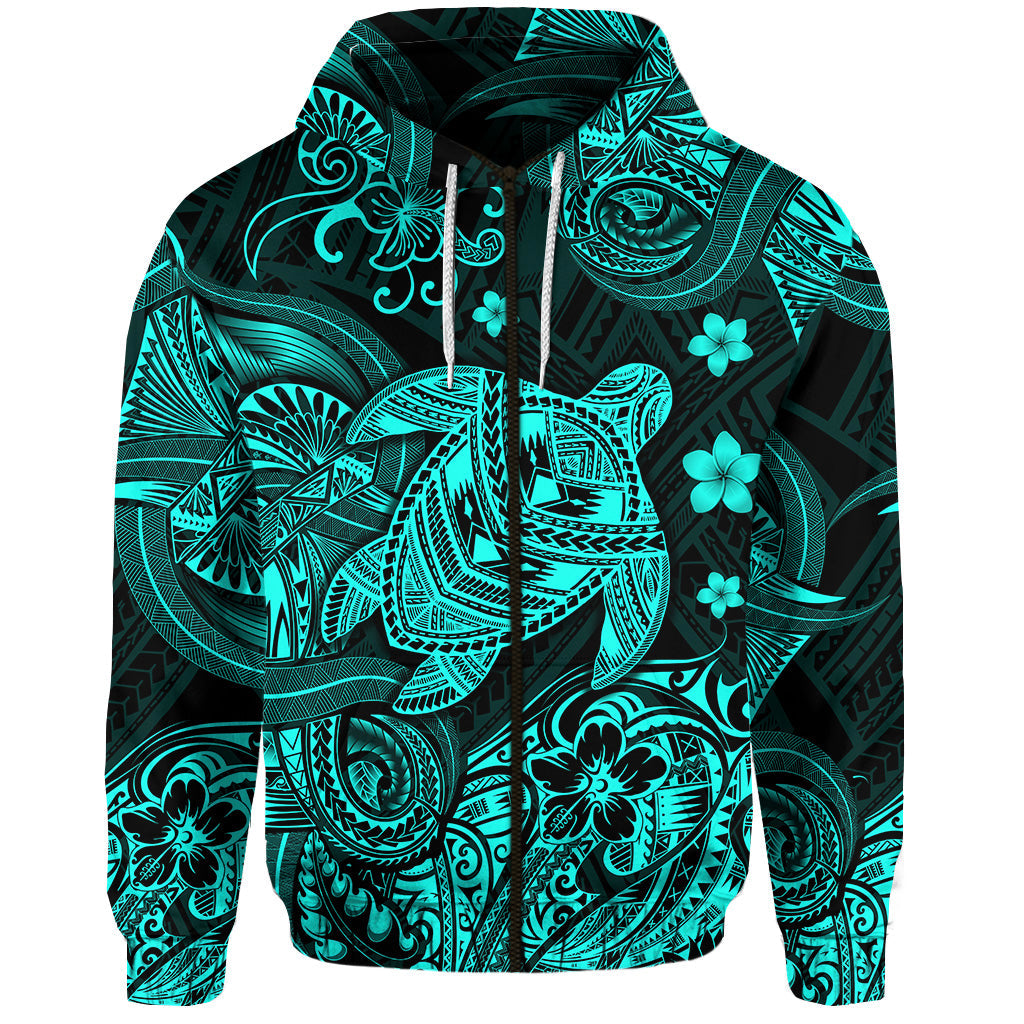 Hawaii Turtle Polynesian Zip Hoodie Plumeria Flower Unique Style Turquoise