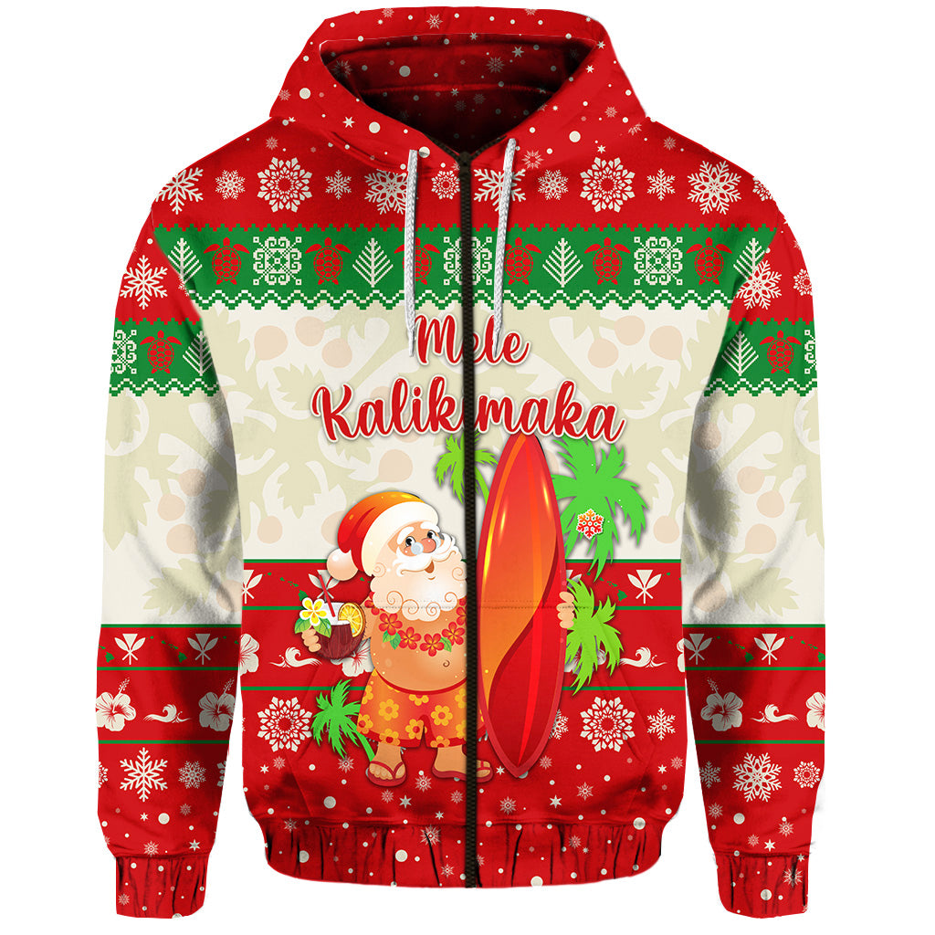 ( Personalised) Hawaii Christmas Zip Hoodie Santa Claus Surfing Simple Style Beige Red