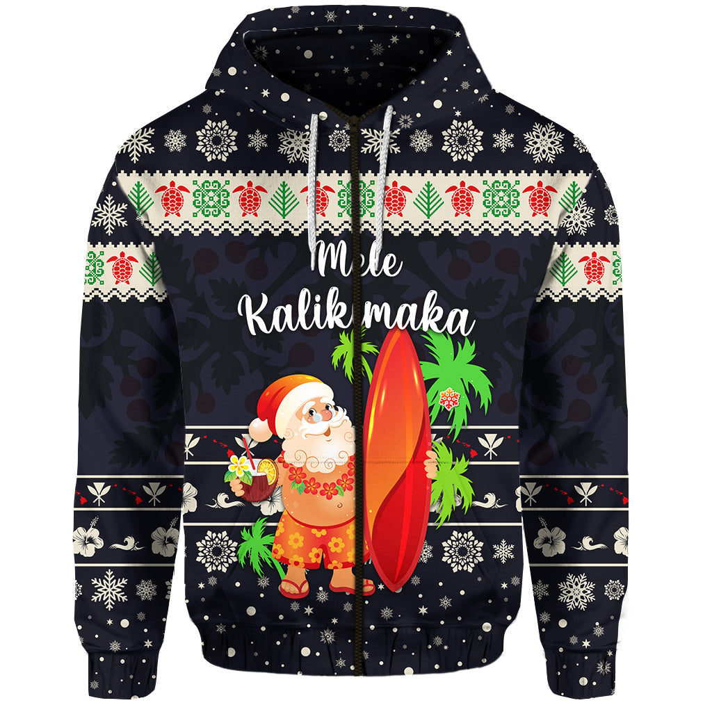 ( Personalised) Hawaii Christmas Zip Hoodie Santa Claus Surfing Simple Style Navy
