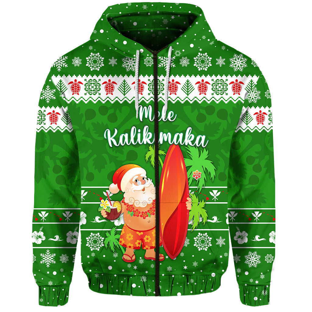 Hawaii Christmas Zip Hoodie Santa Claus Surfing Simple Style Green