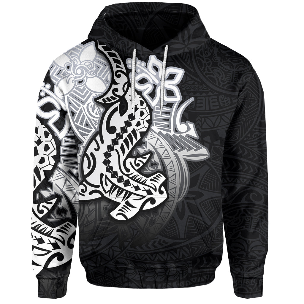 Hammerhead shark Polynesian Hoodie Flowers Pattern Black Style Unisex Zip Hoodie
