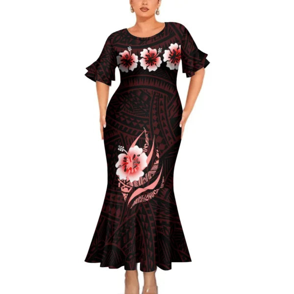 Polynesian Tribal Pattern Couple Clothing Black Tropical Fishtail Dress And Hawaiian Shirt Matching Outfit For Couple