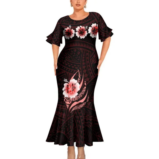 Polynesian Tribal Pattern Couple Clothing Black Tropical Fishtail Dress And Hawaiian Shirt Matching Outfit For Couple