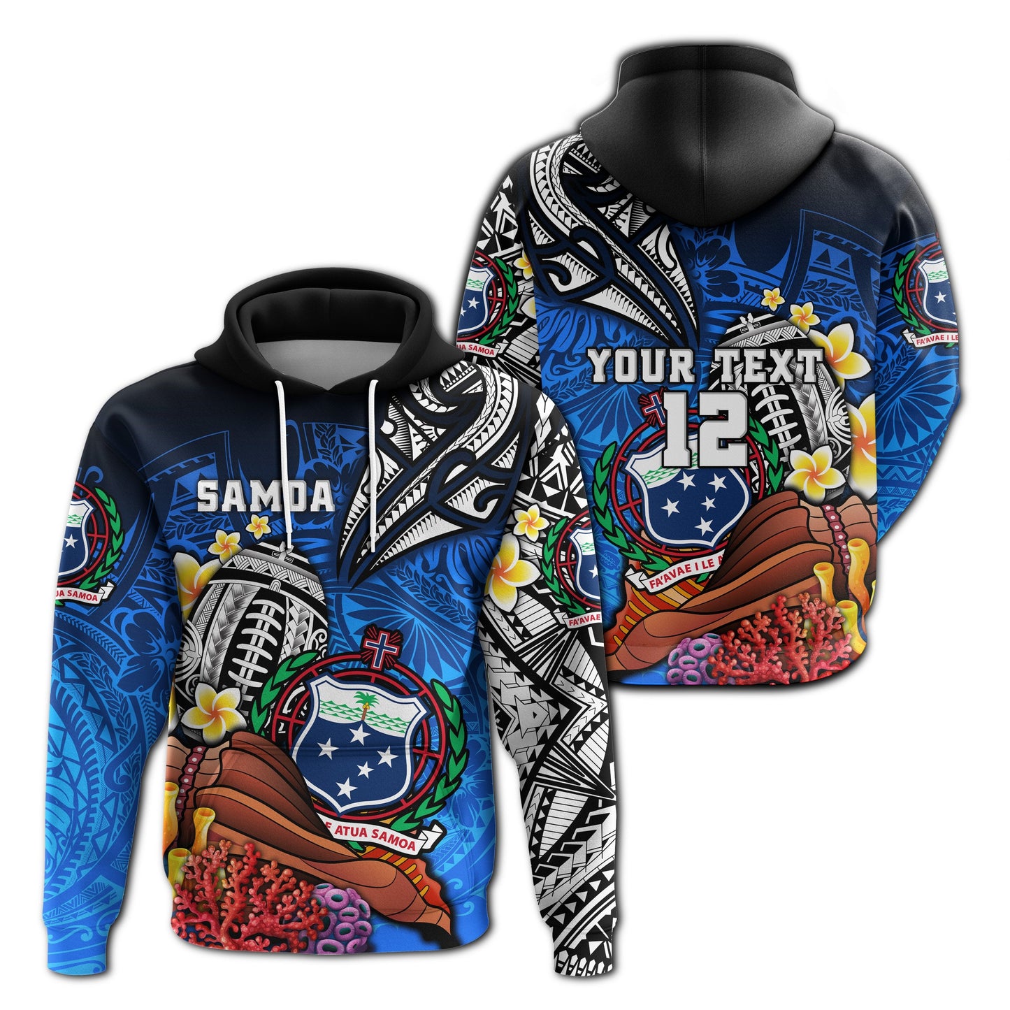 Custom Text Samoa Rugby Hoodie Polynesian Ocean World Style