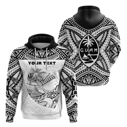Custom Text Guam Rugby Hoodie Personalised Polynesian Patterns White Tropical Zip Up Hoodie