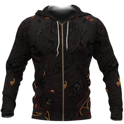 New Zealand Zip Up Hoodie, Maori Gods Zipper Hoodie, Tumatauenga God Of War Black
