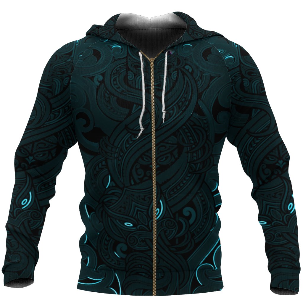 New Zealand Zip Up Hoodie, Maori Gods Zipper Hoodie, Tumatauenga God Of War Blue