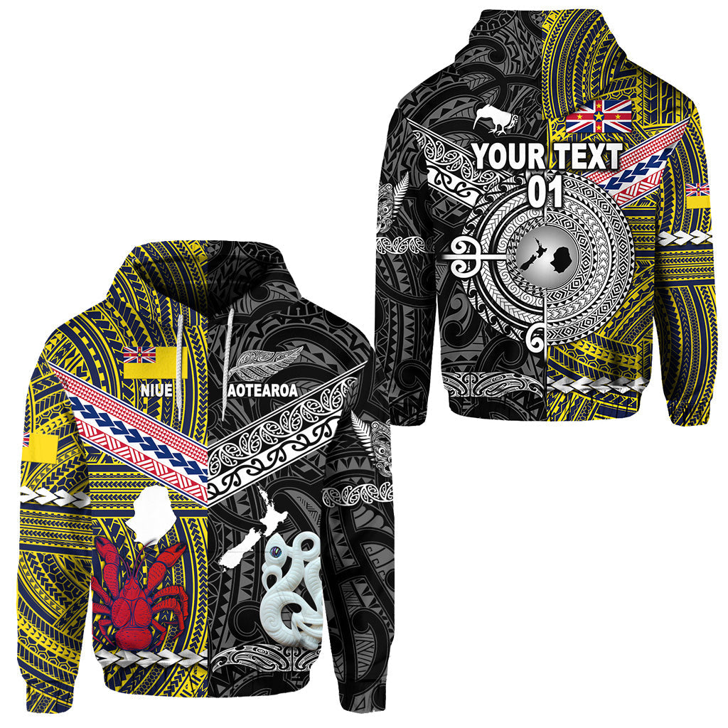 ( Personalised) New Zealand Maori Aotearoa And Niue Together Hoodie Black, Text And Number