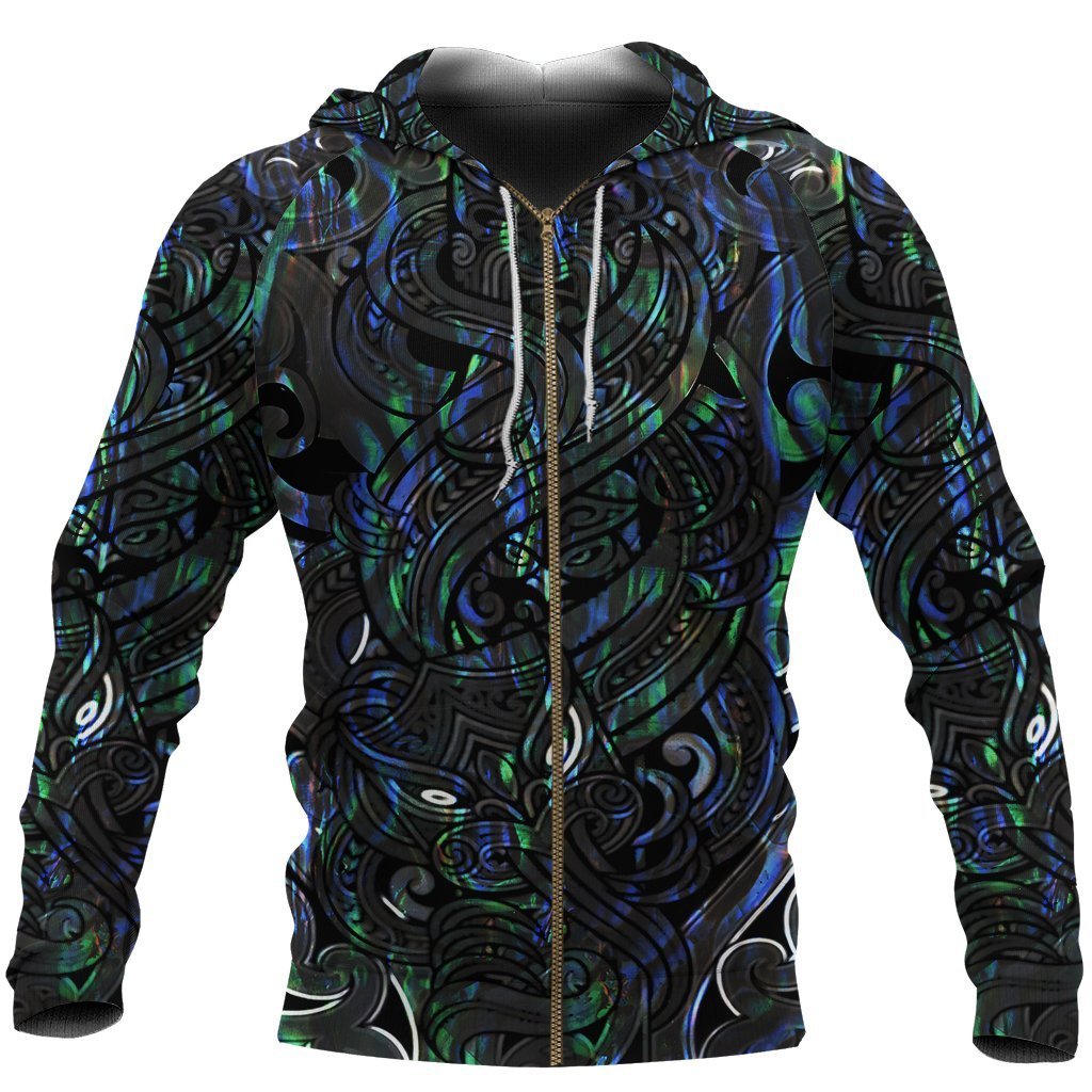 New Zealand Zip Up Hoodie, Maori Gods Zipper Hoodie, Tumatauenga God Of War Paua Shell
