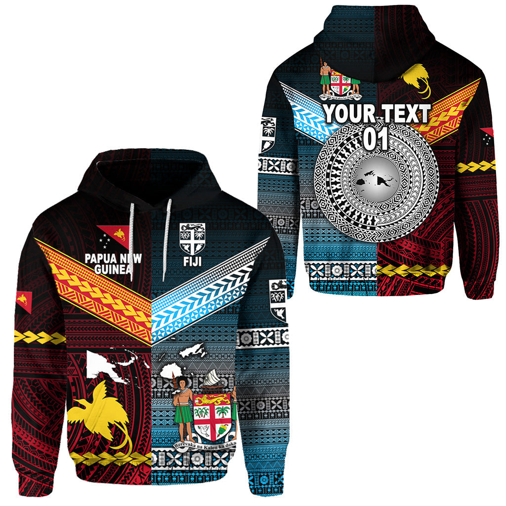 ( Personalised) Papua New Guinea Polynesian And Fiji Tapa Together Hoodie Blue, Text And Number