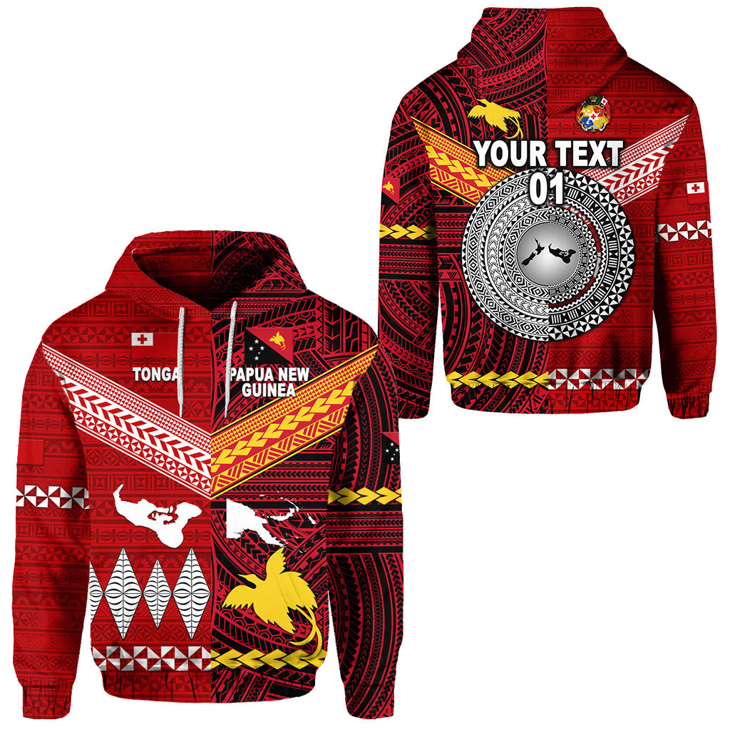 ( Personalised) Papua New Guinea And Tonga Hoodie Polynesian Together Bright Red, Text And Number