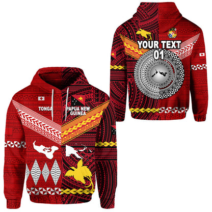 ( Personalised) Papua New Guinea And Tonga Hoodie Polynesian Together Bright Red, Text And Number