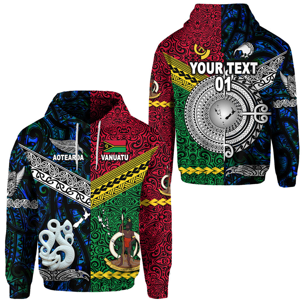 ( Personalised) Vanuatu And New Zealand Hoodie Together Blue, Text And Number