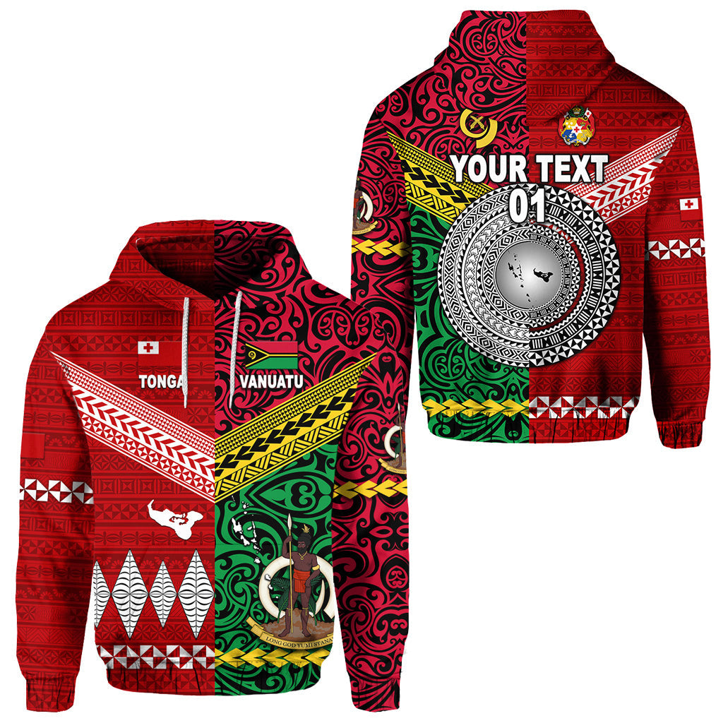 ( Personalised) Vanuatu And Tonga Hoodie Polynesian Together Bright Red, Text And Number