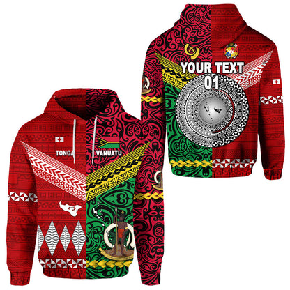 ( Personalised) Vanuatu And Tonga Hoodie Polynesian Together Bright Red, Text And Number