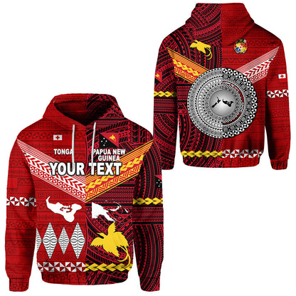 ( Personalised) Papua New Guinea And Tonga Hoodie Polynesian Together Bright Red