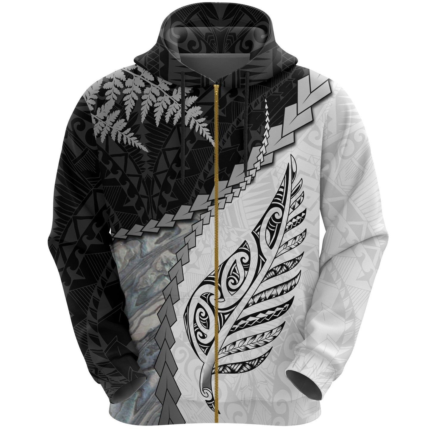 Paua Shell Maori Silver Fern Zip Hoodie White