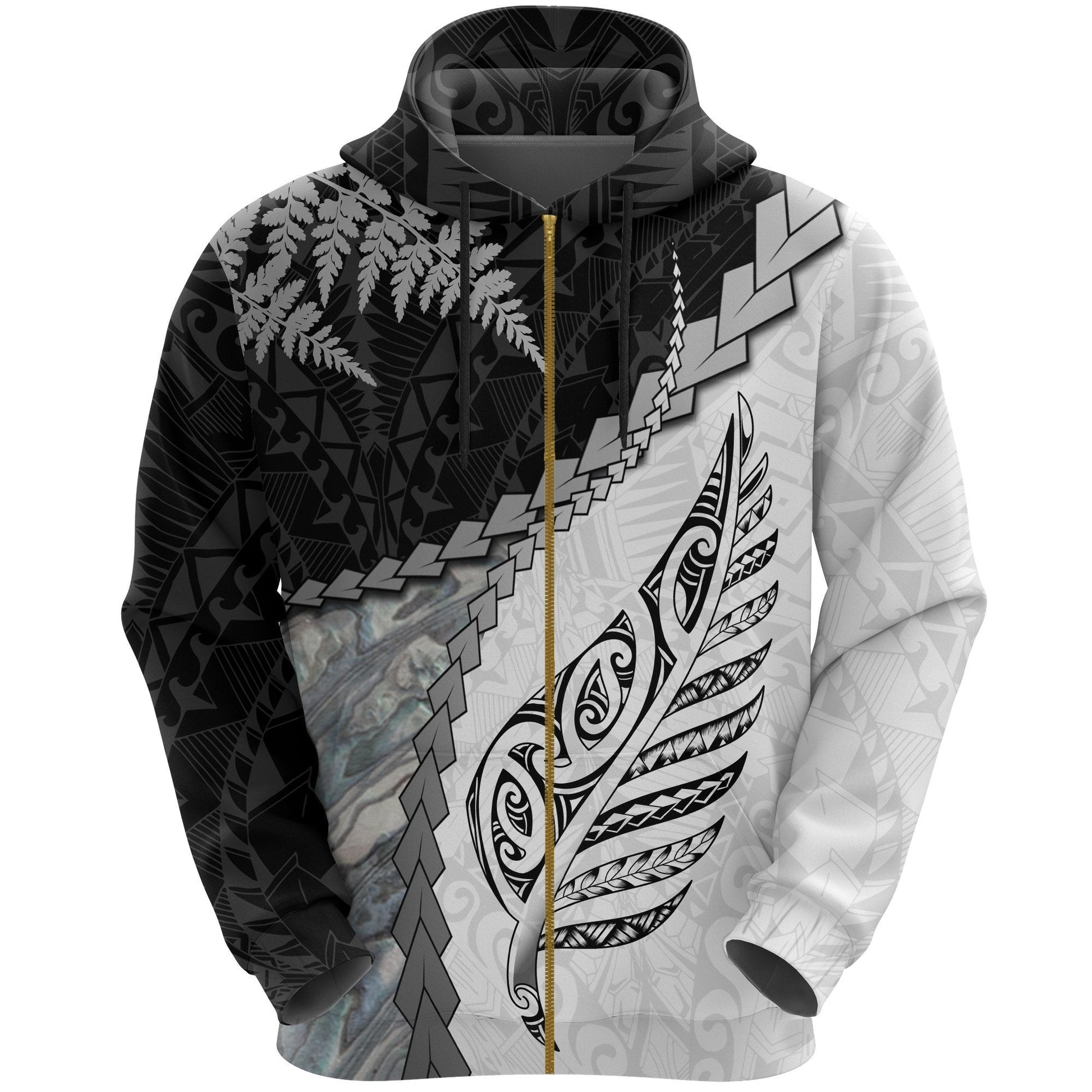 Paua Shell Maori Silver Fern Zip Hoodie White