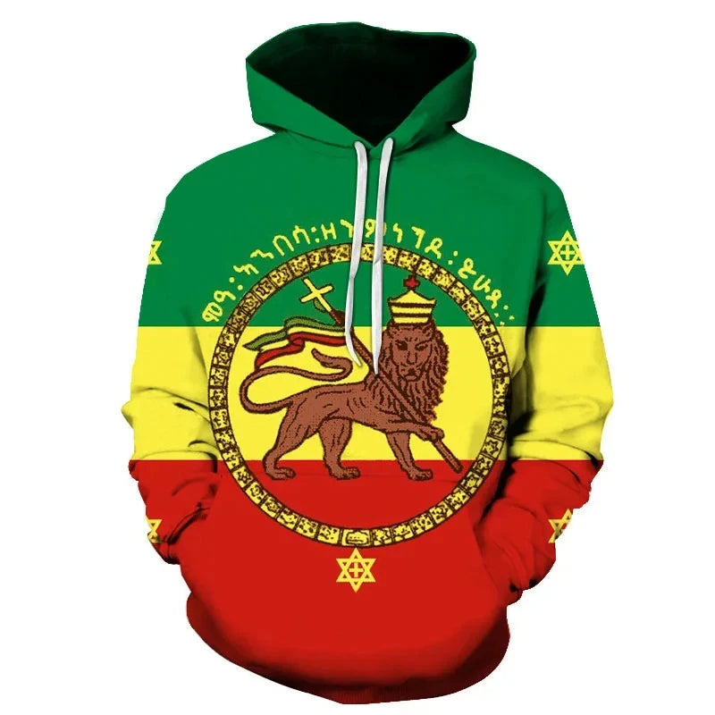 Africa Ethiopia Flag Hoodie Men Retro Tribe Lion Zip Hoodie