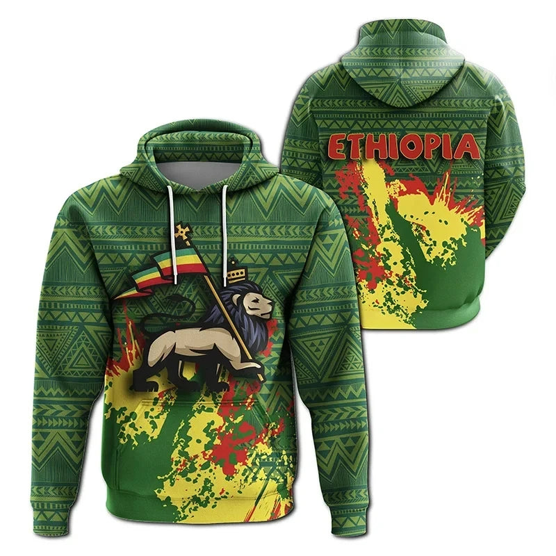 Ethiopia Flag Hoodie Men Retro Tribe Lion Green Zip Hoodie