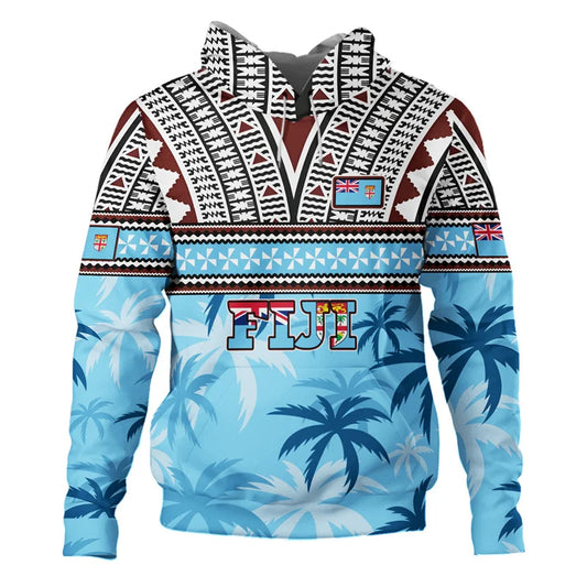 Fiji Polynesian Blue Hoodie Coconut Tree Pattern Island Zip Hoodie