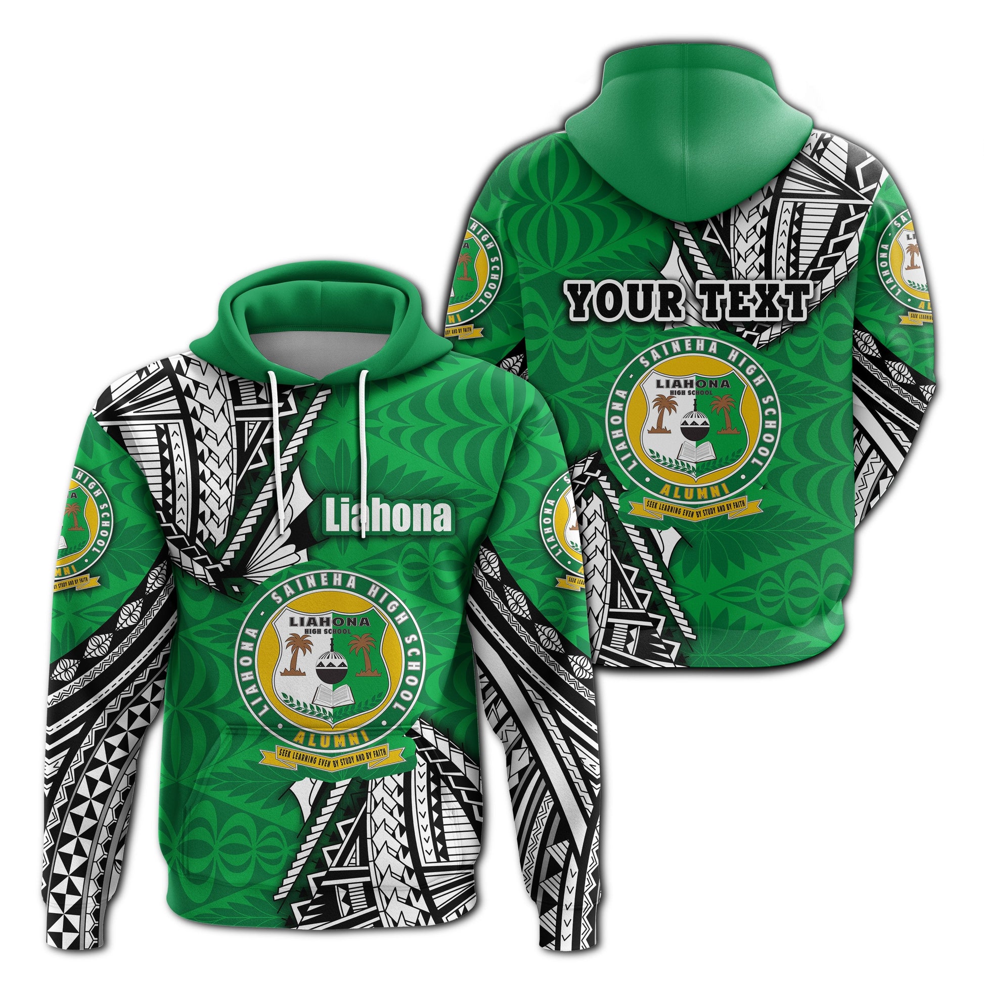 Custom Text Liahona Tonga Hoodie Polynesian Style Tonga Green Zip Up Hoodie