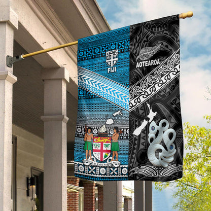 New Zealand And Fiji Flag Together Black