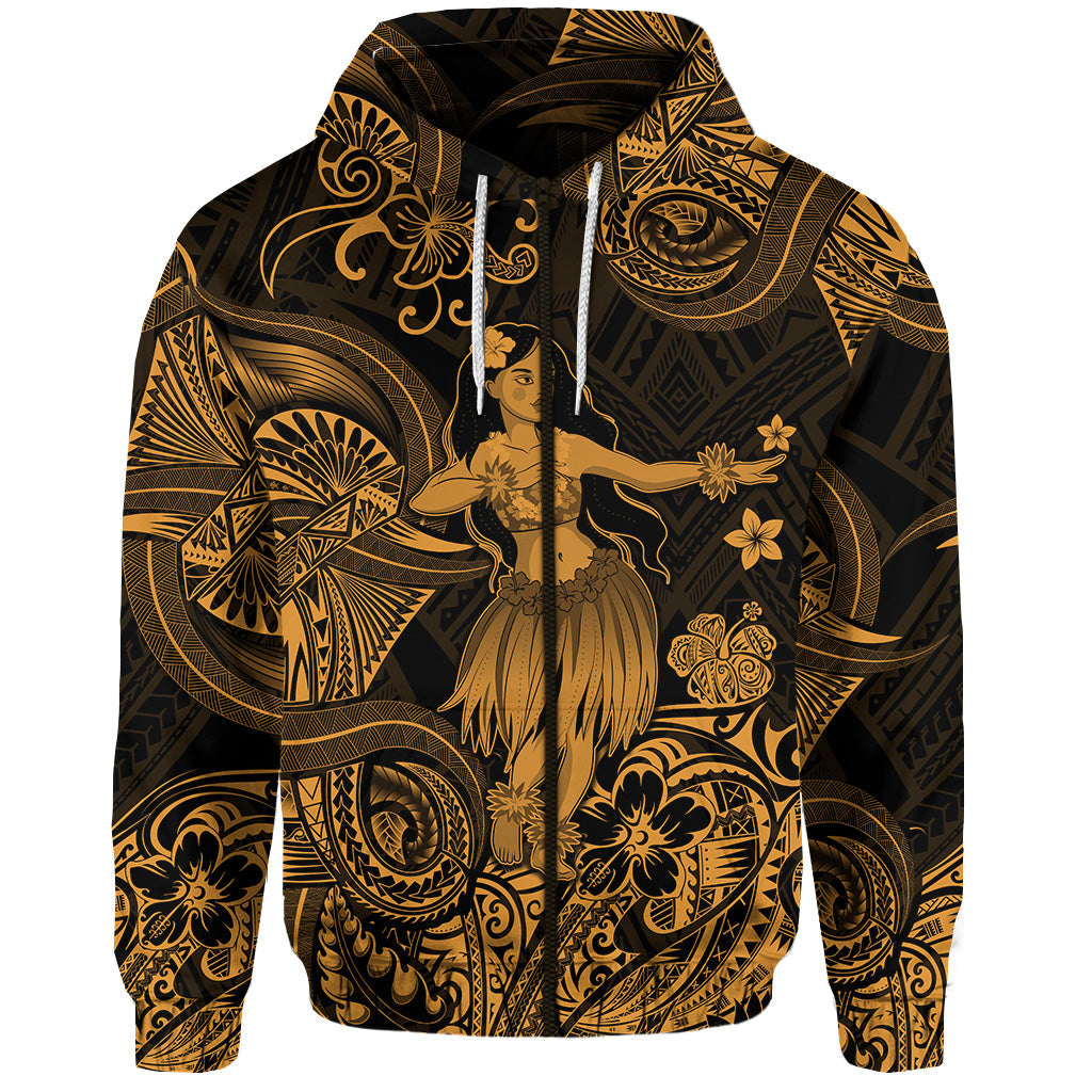 ( Personalised) Hawaii Hula Girl Polynesian Zip Hoodie Unique Style Gold