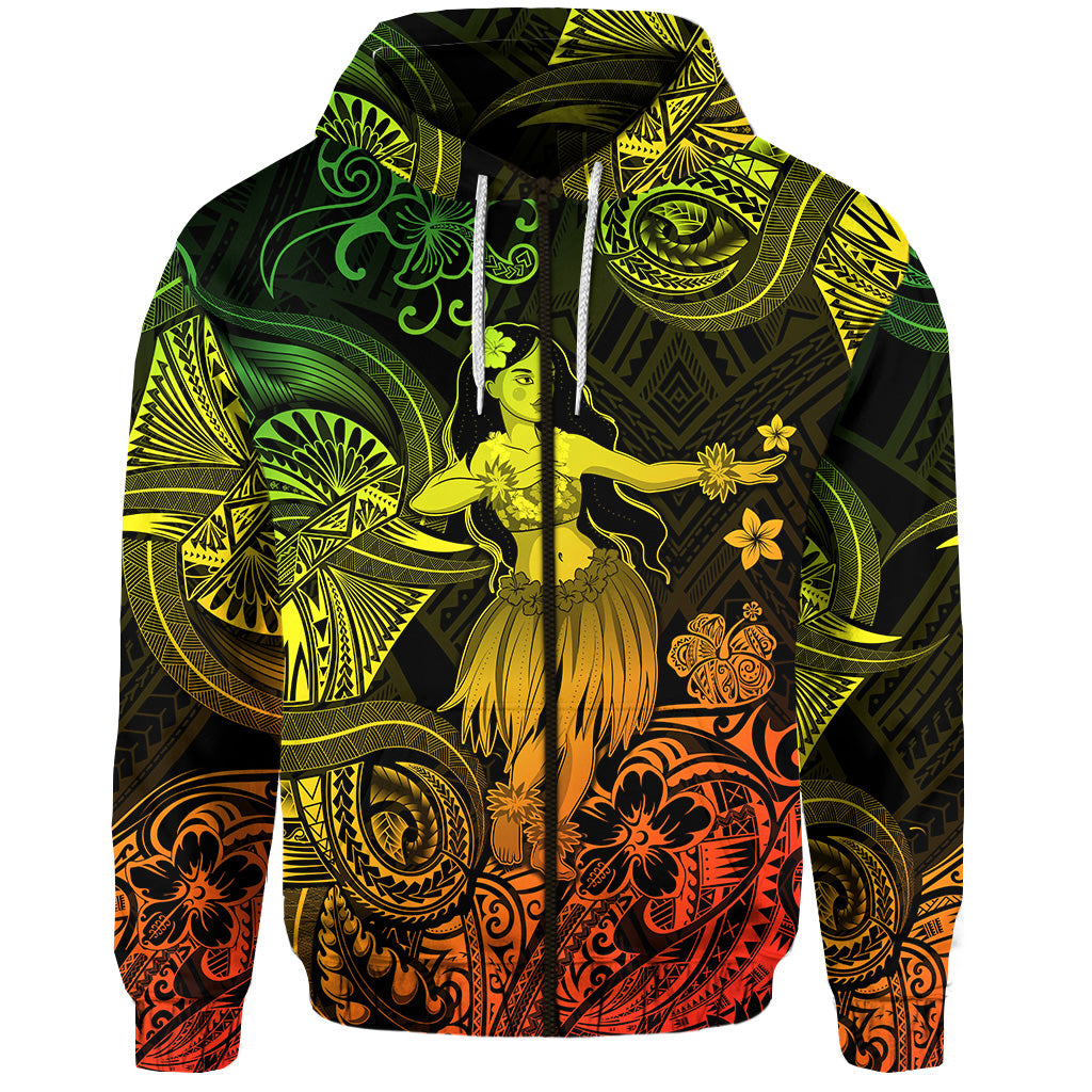 ( Personalised) Hawaii Hula Girl Polynesian Zip Hoodie Unique Style Reggae