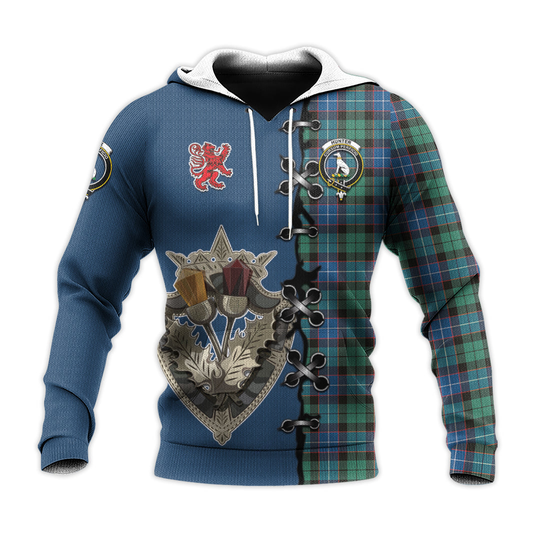 Printivon Hunter Ancient Tartan Hoodie Lion Rampant And Celtic Thistle Style