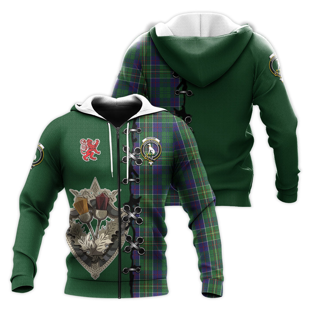 Printivon Hunter Of Hunterston Tartan Hoodie Lion Rampant And Celtic Thistle Style