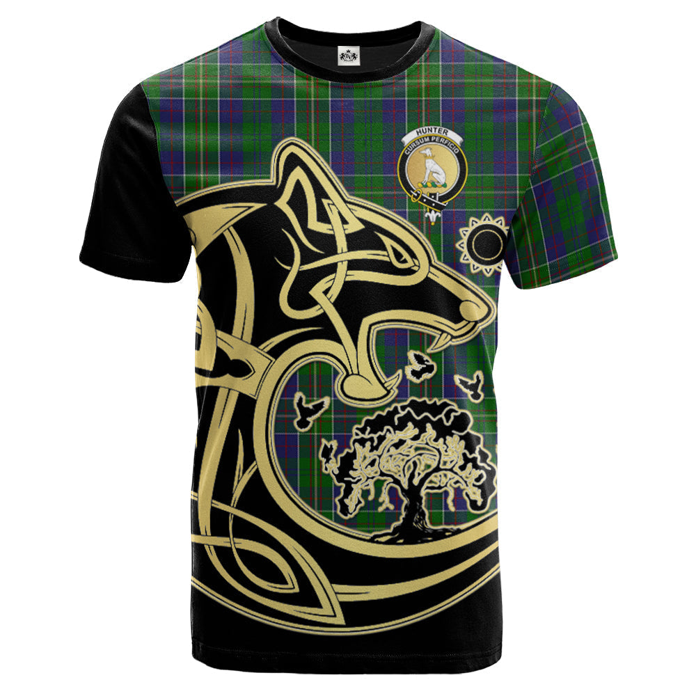 Printivon Hunter of Hunterston Crest Celtic Wolf Tartan T Shirt Custom Your Text