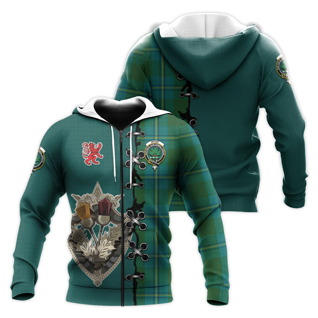 Printivon Irving Of Bonshaw Tartan Hoodie Lion Rampant And Celtic Thistle Style