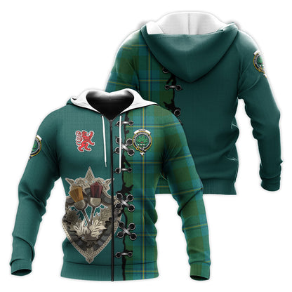 Printivon Irving Of Bonshaw Tartan Hoodie Lion Rampant And Celtic Thistle Style