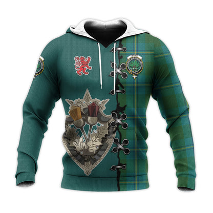 Printivon Irving Of Bonshaw Tartan Hoodie Lion Rampant And Celtic Thistle Style