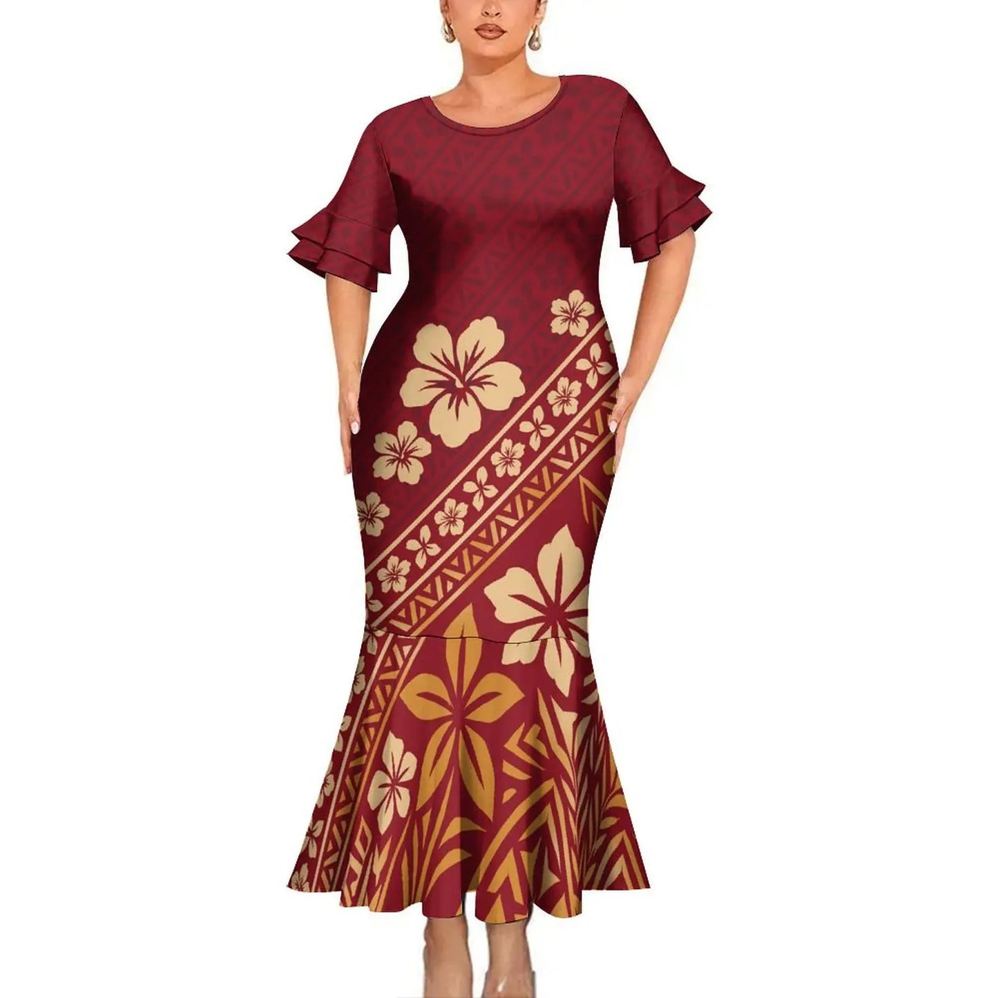 Polynesian Tribal Flowers Red Tropical Couples Matching Outfit Fishtail Skirt Dress And Shirt For Her Him
