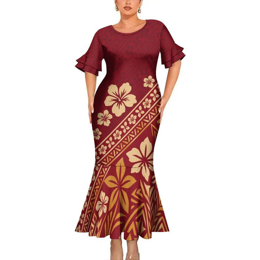 Polynesian Tribal Flowers Red Tropical Couples Matching Outfit Fishtail Skirt Dress And Shirt For Her Him