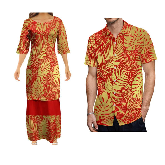 Samoa Tribal Matching Outfit Polynesian Tropical Leaf Pattern Dress And Hawaiian Shirt Couple Set