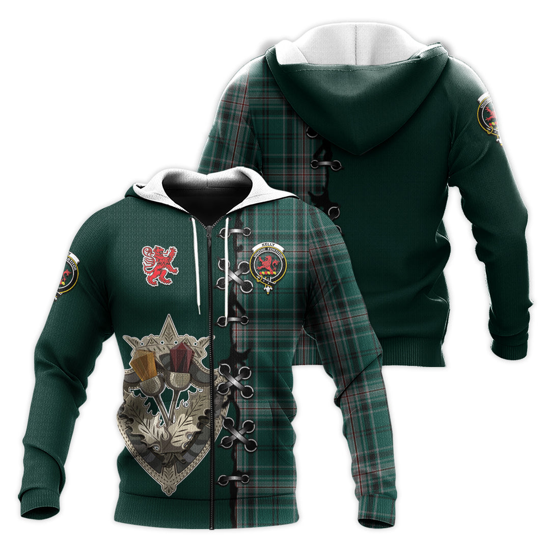 Printivon Kelly Of Sleat Hunting Tartan Hoodie Lion Rampant And Celtic Thistle Style