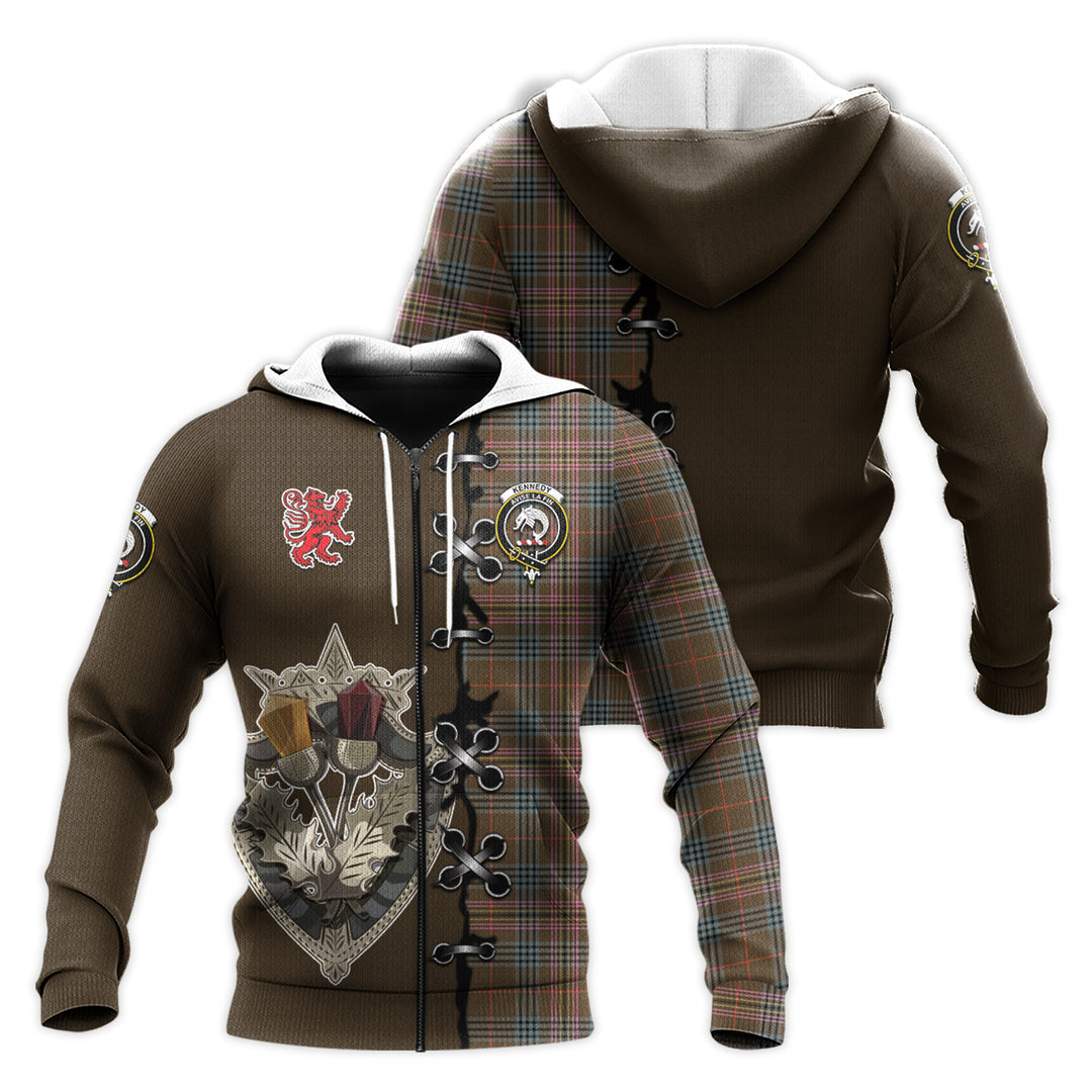 Printivon Kennedy Weathered Tartan Hoodie Lion Rampant And Celtic Thistle Style