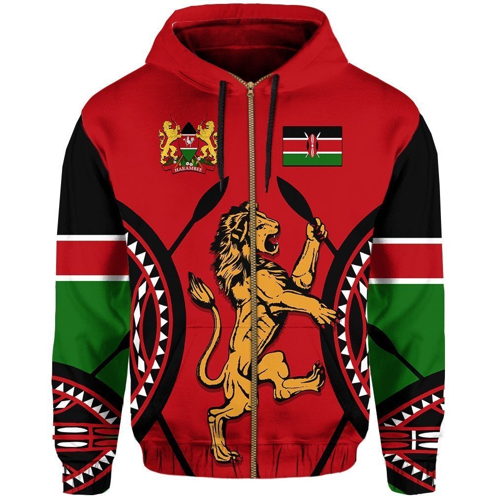 Kenya Lion Zip Hoodie Maasai Shield