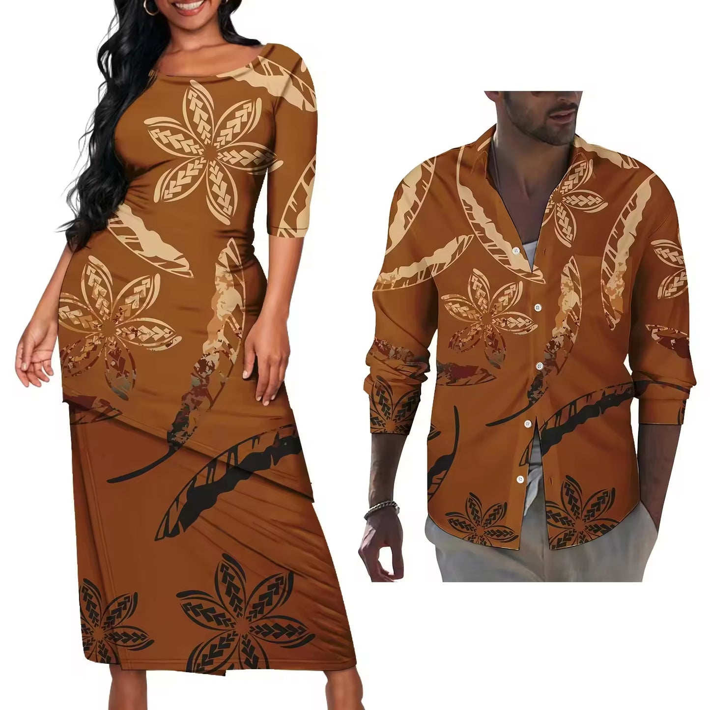 Vintage Polynesian Flowers Pattern Couple Matching Outfit Polynesian Tribal Women's Puletasi Dress Men's Long Sleeve Button Shirt