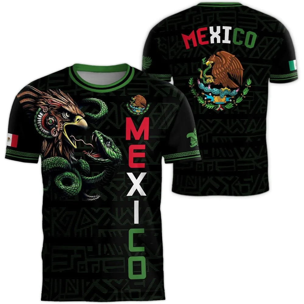 Mexico Flag T Shirt For Men 3D Eagle Pattern Short Sleeve Tees Outdoor Football Black Shirt