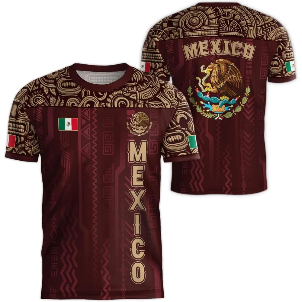 Mexico Flag T Shirt For Men 3D Eagle Pattern Short Sleeve Tees Outdoor Football Brown Shirt
